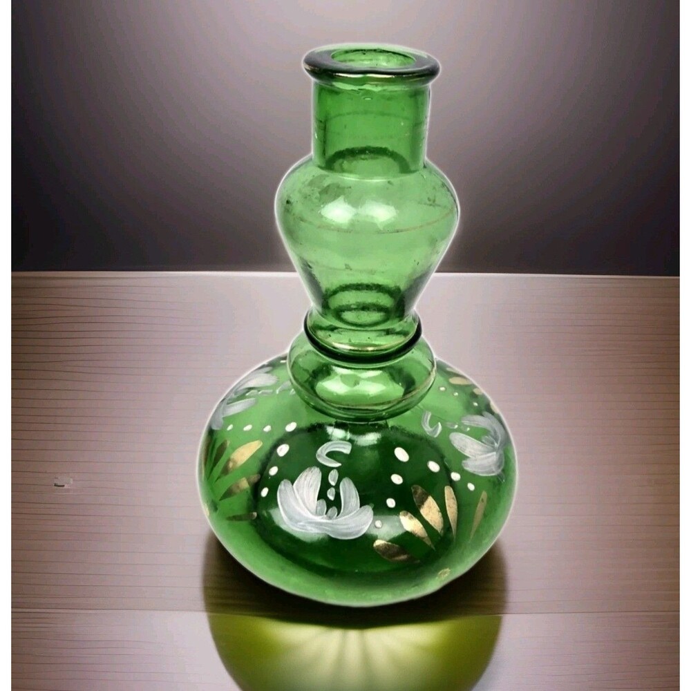 Vintage Italian Green Glass Vase Decanter Floral Gold Trim MCM Hand Painted 7.5"